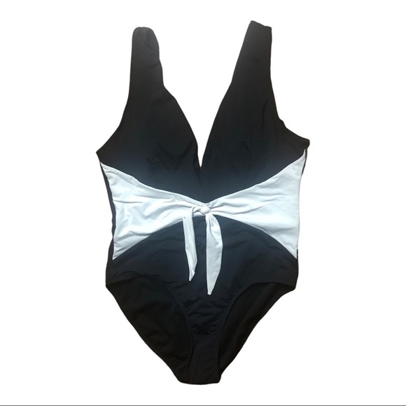 Time & Tru One Piece Swimsuit Black White Knotted Size Large 12/14 - Picture 1 of 11